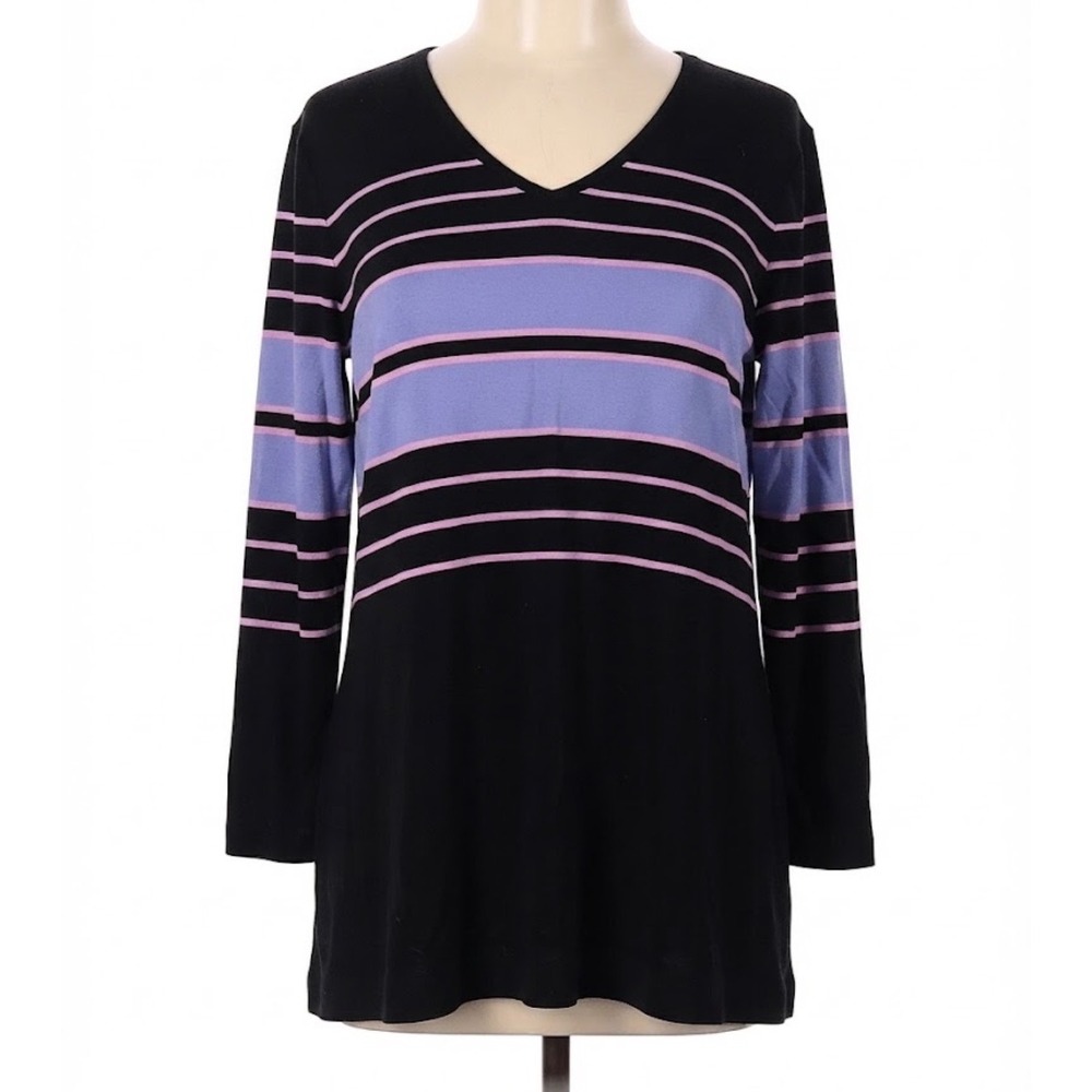 Exclusively Misook Black Striped V Neck Tunic Top XL Pink Purple Long Sleeve